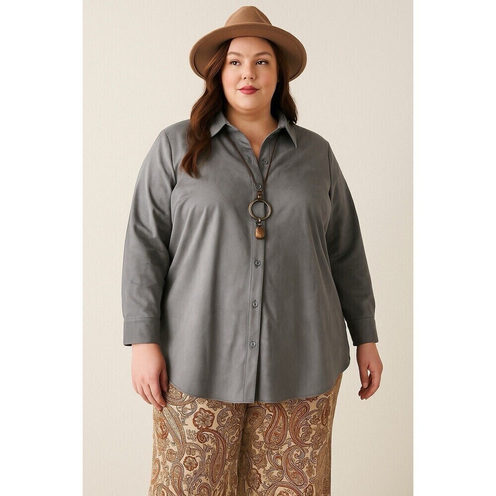 Catherines Womens Blouse Long Sleeve Gray Button Up Collared 1X 18/20W